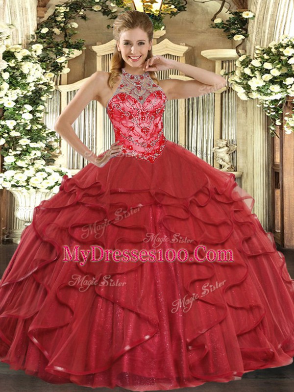 Chic Halter Top Sleeveless Lace Up Sweet 16 Dress Coral Red Organza
