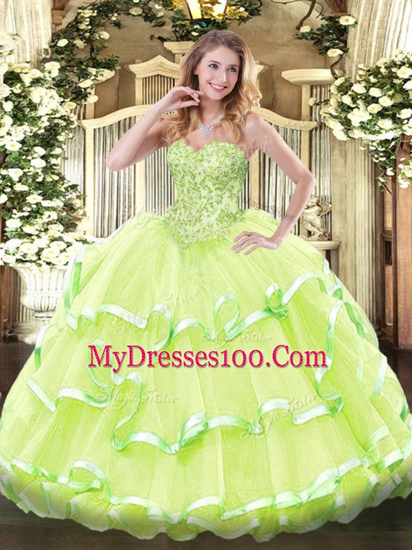 Popular Organza Sweetheart Sleeveless Lace Up Appliques and Ruffled Layers Quinceanera Dress in Yellow Green