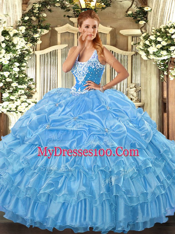 Super Beading and Ruffled Layers and Pick Ups Sweet 16 Dress Baby Blue Lace Up Sleeveless Floor Length