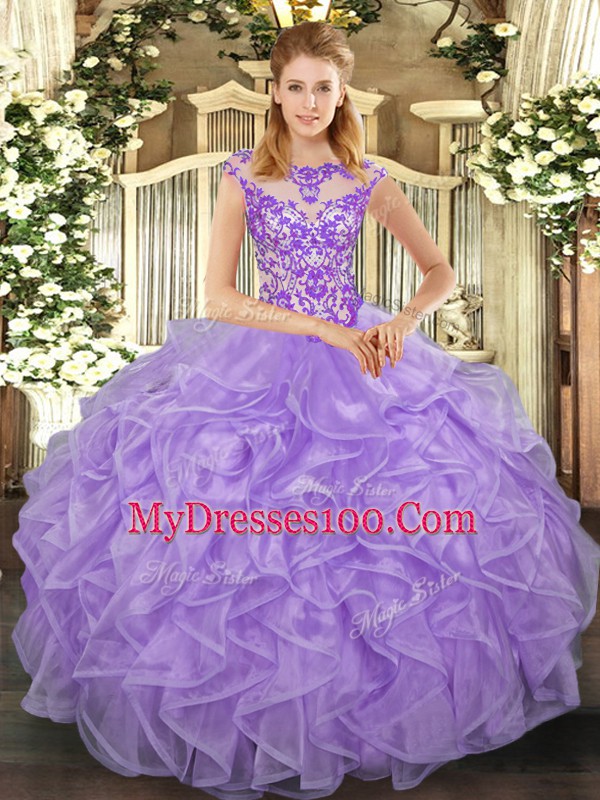 Excellent Lavender Cap Sleeves Organza Lace Up Vestidos de Quinceanera for Sweet 16 and Quinceanera