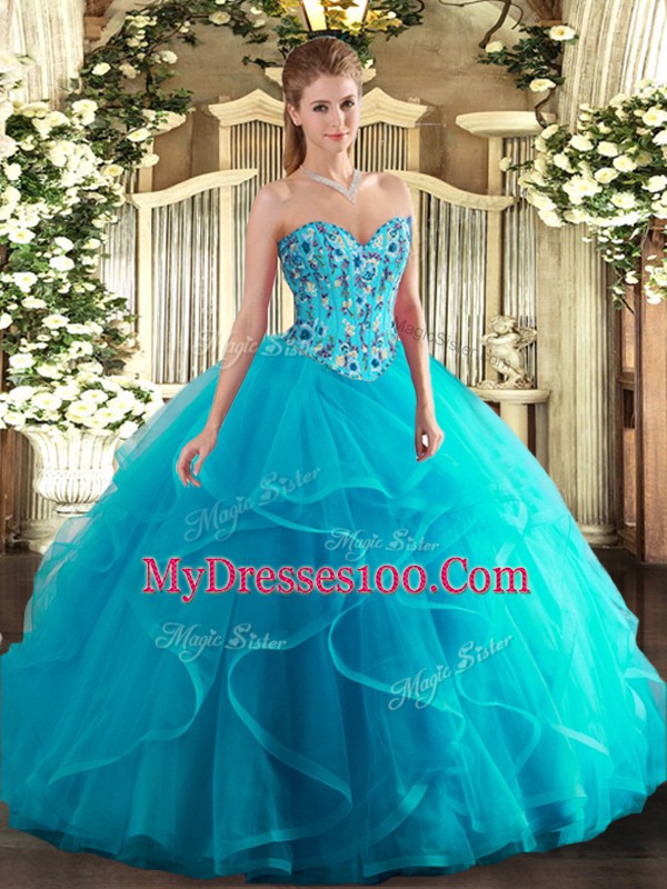 Sleeveless Floor Length Embroidery and Ruffles Lace Up Sweet 16 Dress with Aqua Blue