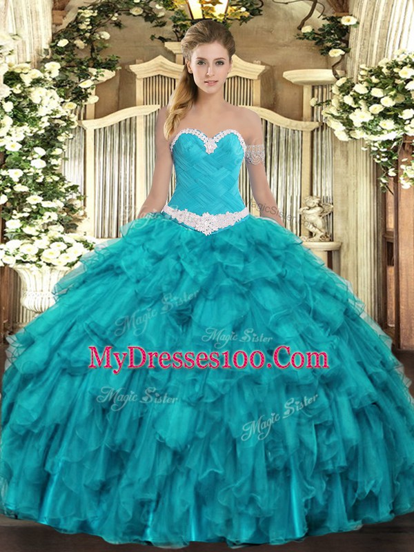 Sleeveless Organza Floor Length Lace Up Sweet 16 Quinceanera Dress in Teal with Appliques and Ruffles