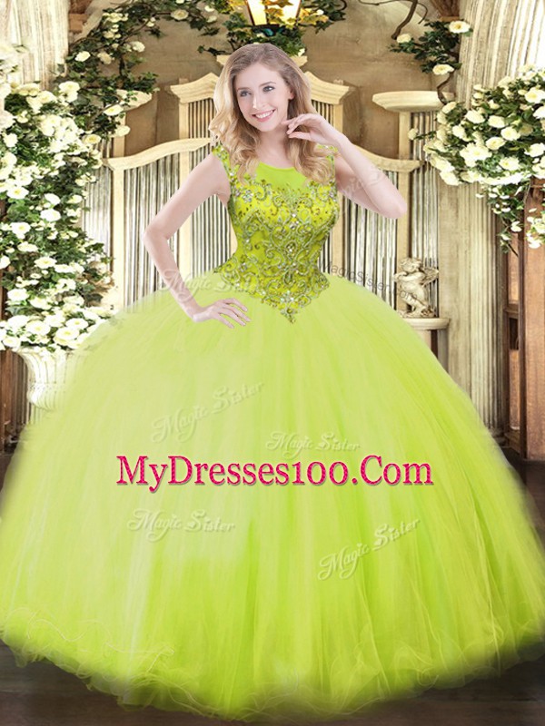 Yellow Green Sweet 16 Dresses Military Ball and Sweet 16 and Quinceanera with Beading Scoop Sleeveless Zipper