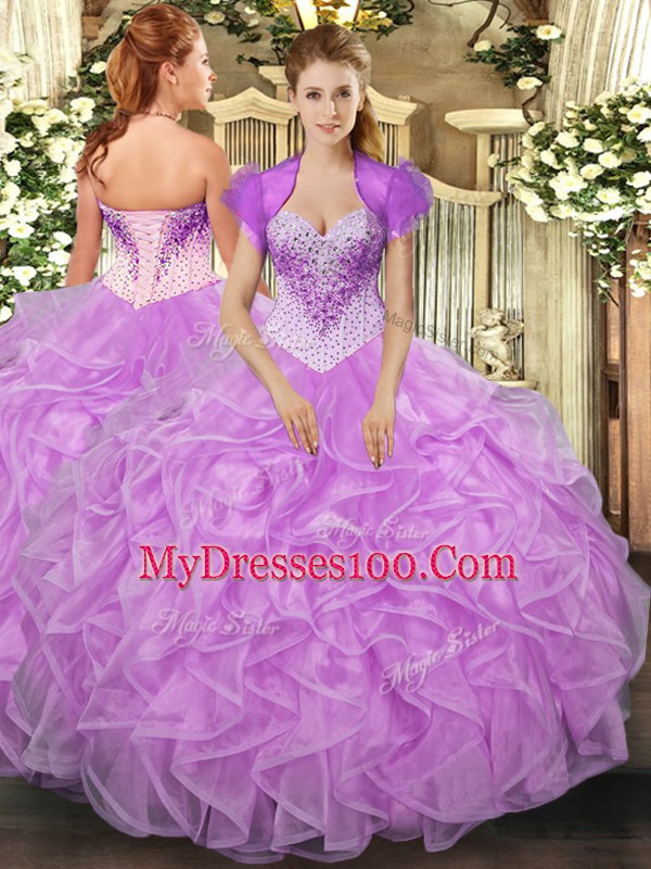 Stunning Lilac Ball Gowns Organza Sweetheart Sleeveless Beading and Ruffles Floor Length Lace Up Quinceanera Gowns