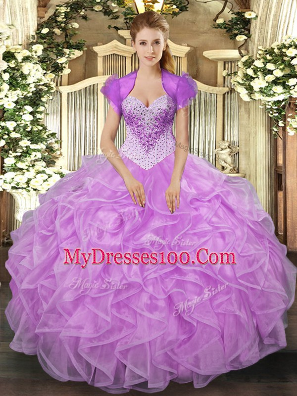 Stunning Lilac Ball Gowns Organza Sweetheart Sleeveless Beading and Ruffles Floor Length Lace Up Quinceanera Gowns