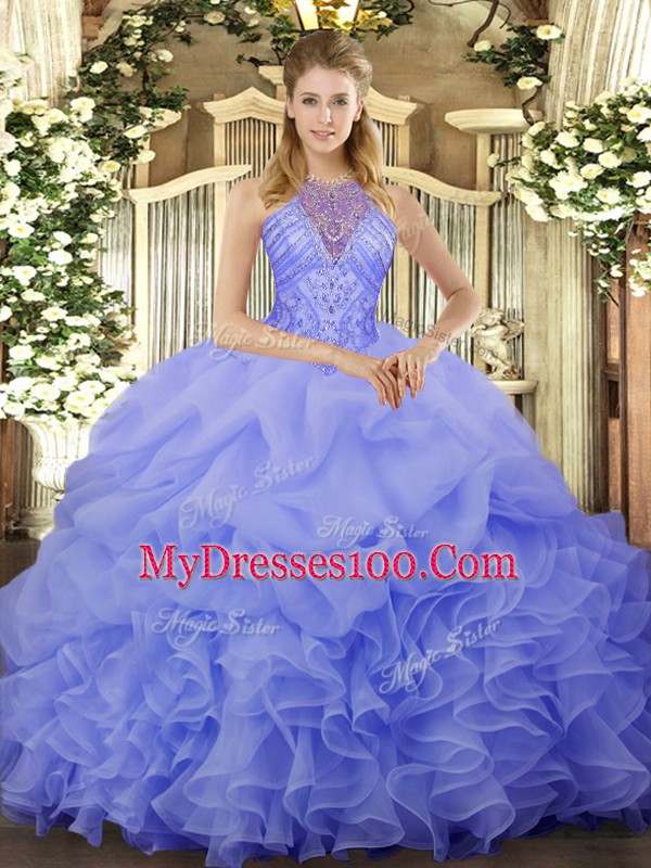 Sleeveless Floor Length Beading and Ruffles and Pick Ups Lace Up Quinceanera Gown with Blue