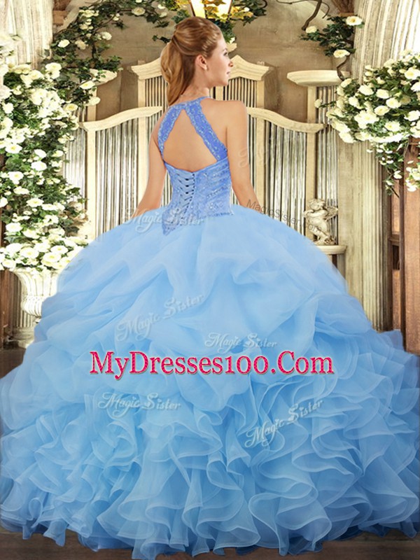 Sleeveless Floor Length Beading and Ruffles and Pick Ups Lace Up Quinceanera Gown with Blue