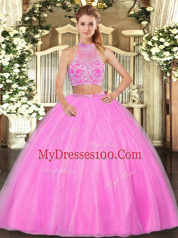 Low Price Hot Pink Criss Cross Halter Top Beading Quinceanera Gowns Tulle Sleeveless