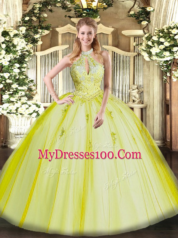 Great Yellow Green Ball Gowns Halter Top Sleeveless Tulle Floor Length Lace Up Appliques Sweet 16 Quinceanera Dress
