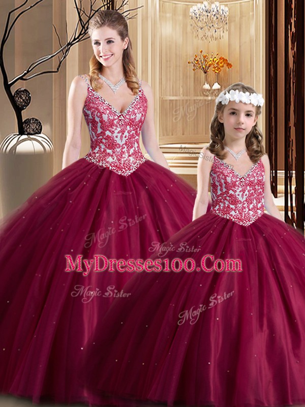Edgy Floor Length Wine Red Quinceanera Gowns V-neck Sleeveless Lace Up