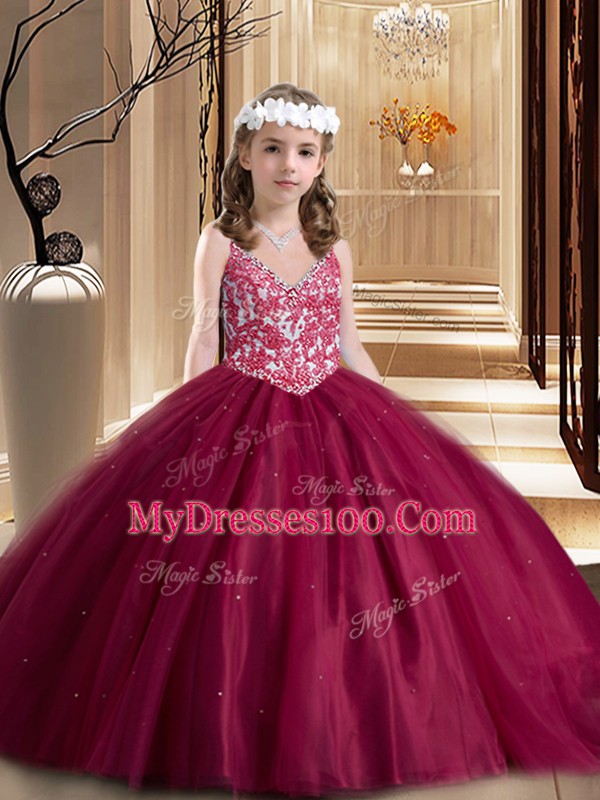 Edgy Floor Length Wine Red Quinceanera Gowns V-neck Sleeveless Lace Up