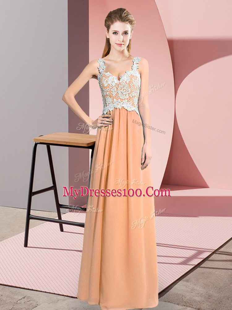 Enchanting Peach Dress for Prom Prom and Party with Lace V-neck Sleeveless Zipper