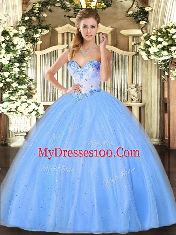 Floor Length Ball Gowns Sleeveless Baby Blue Quince Ball Gowns Lace Up