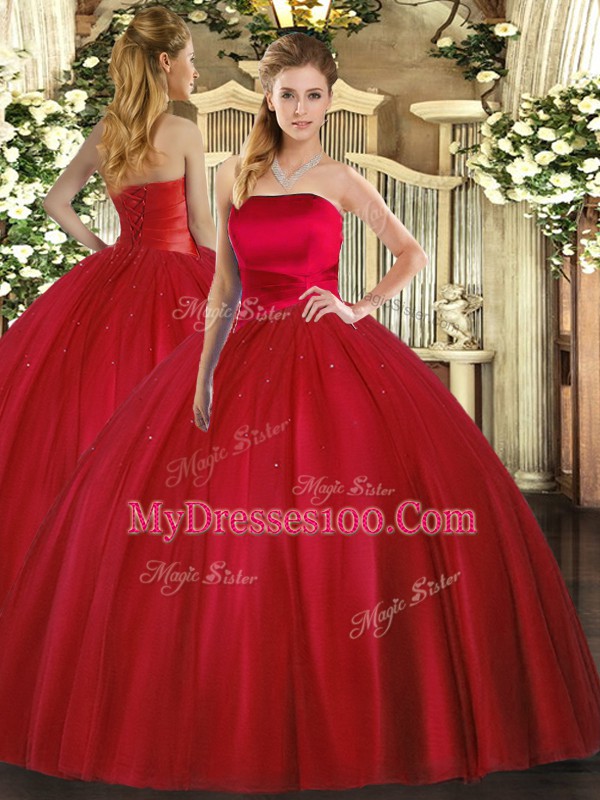 Floor Length Ball Gowns Sleeveless Red 15th Birthday Dress Lace Up