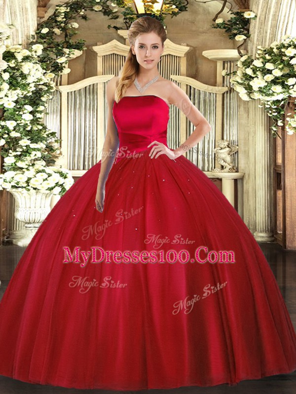 Floor Length Ball Gowns Sleeveless Red 15th Birthday Dress Lace Up