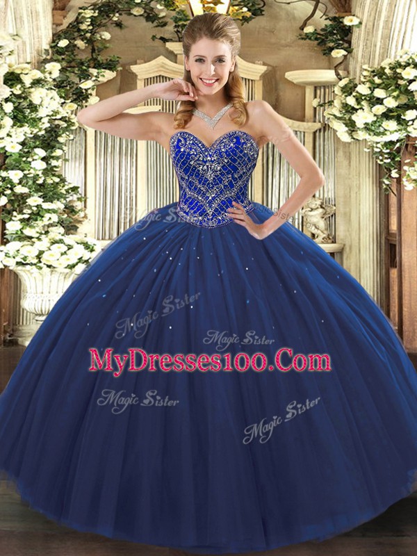 Tulle Sweetheart Sleeveless Lace Up Beading Quince Ball Gowns in Navy Blue