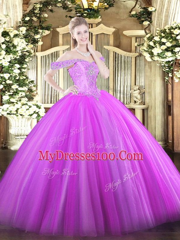 Elegant Lilac Tulle Lace Up Quince Ball Gowns Sleeveless Floor Length Beading
