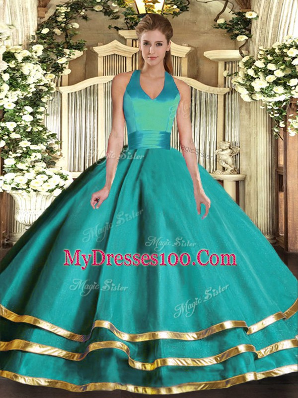 Graceful Ball Gowns 15th Birthday Dress Turquoise Halter Top Tulle Sleeveless Floor Length Lace Up