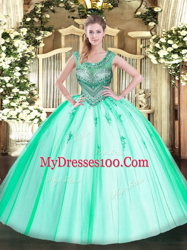 Shining Scoop Sleeveless Tulle Sweet 16 Dresses Beading Lace Up