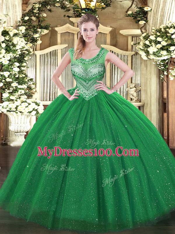Luxury Scoop Sleeveless Lace Up Quince Ball Gowns Dark Green Tulle