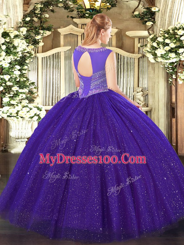 Luxury Scoop Sleeveless Lace Up Quince Ball Gowns Dark Green Tulle