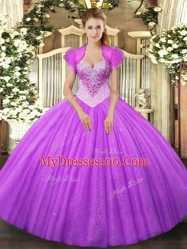Customized Lilac Lace Up Sweetheart Beading Quinceanera Gowns Tulle Sleeveless
