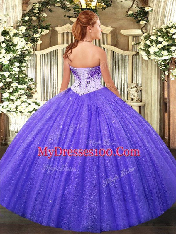 Customized Lilac Lace Up Sweetheart Beading Quinceanera Gowns Tulle Sleeveless