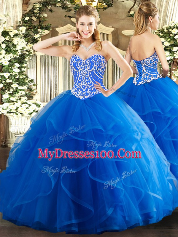 Blue Tulle Lace Up Sweetheart Sleeveless Floor Length Vestidos de Quinceanera Beading and Ruffles