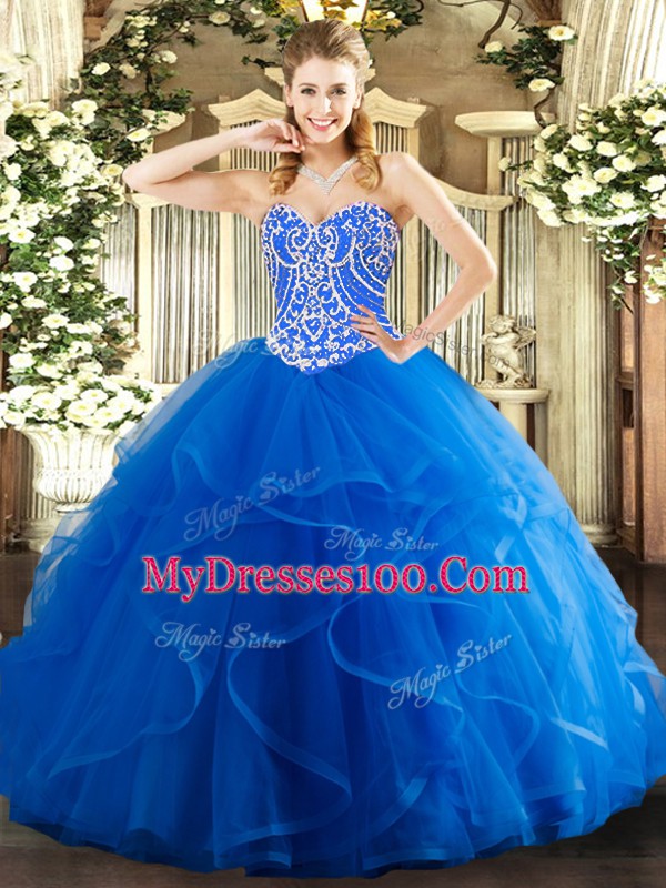Blue Tulle Lace Up Sweetheart Sleeveless Floor Length Vestidos de Quinceanera Beading and Ruffles