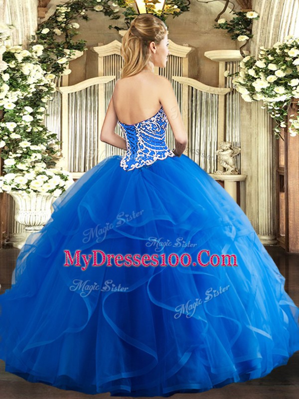 Blue Tulle Lace Up Sweetheart Sleeveless Floor Length Vestidos de Quinceanera Beading and Ruffles