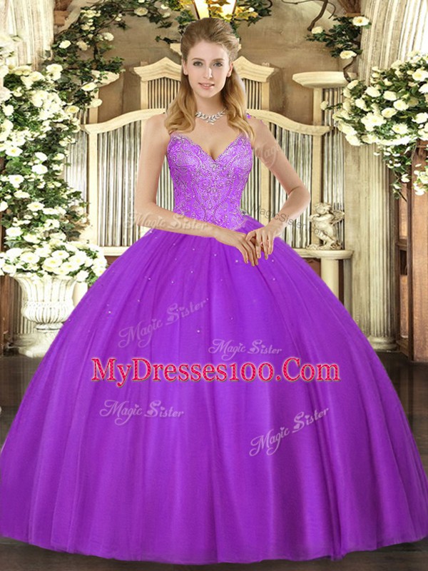Eggplant Purple Ball Gowns Beading Sweet 16 Quinceanera Dress Lace Up Tulle Sleeveless Floor Length