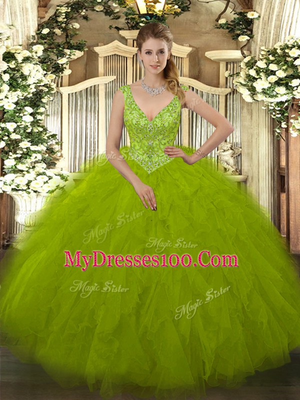 Discount Floor Length Olive Green Sweet 16 Dresses V-neck Sleeveless Zipper