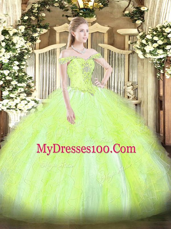 Unique Yellow Green Sleeveless Floor Length Beading and Ruffles Lace Up Sweet 16 Quinceanera Dress