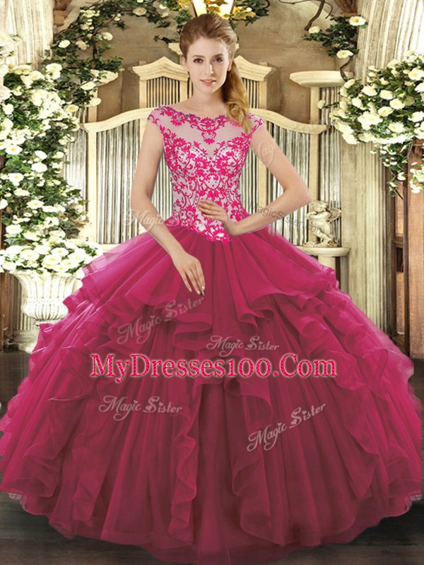 Fuchsia Lace Up Quinceanera Dress Beading and Ruffles Sleeveless Floor Length