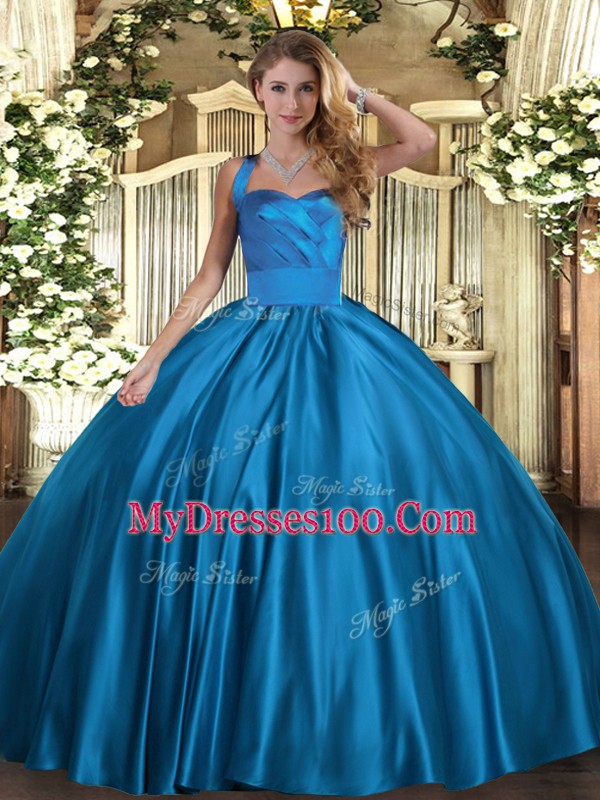 Glittering Blue Sleeveless Floor Length Ruching Lace Up Quinceanera Gowns