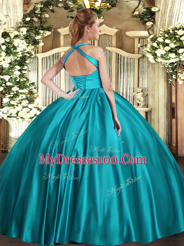 Glittering Blue Sleeveless Floor Length Ruching Lace Up Quinceanera Gowns