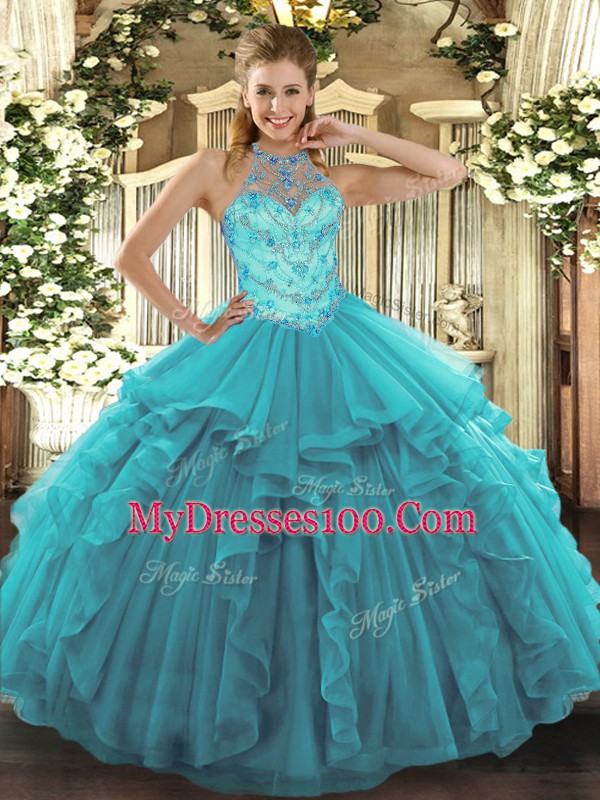 Teal Sleeveless Floor Length Beading and Embroidery and Ruffles Lace Up Sweet 16 Dress