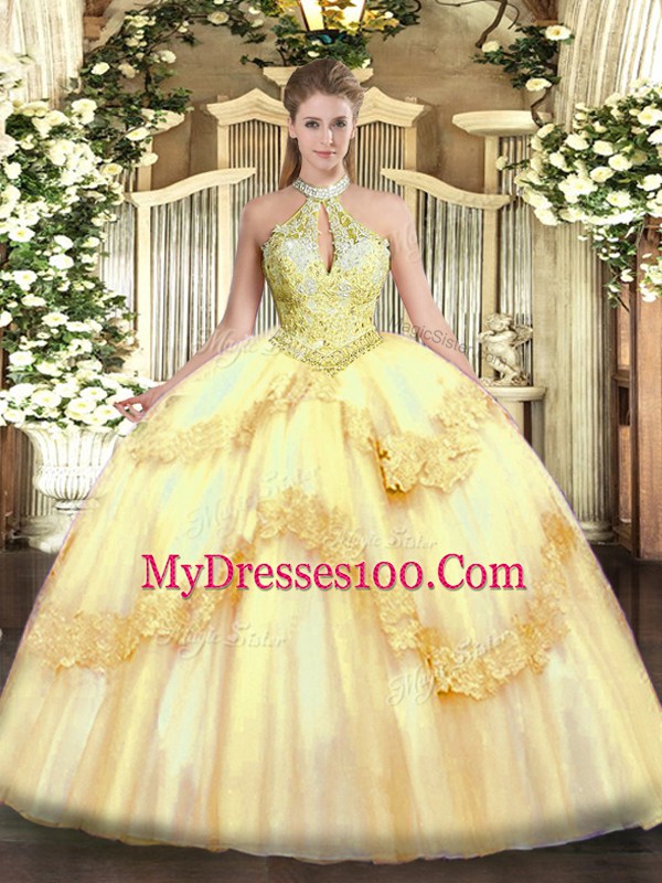 Wonderful Gold Quinceanera Dresses Military Ball and Sweet 16 and Quinceanera with Appliques and Sequins Halter Top Sleeveless Lace Up