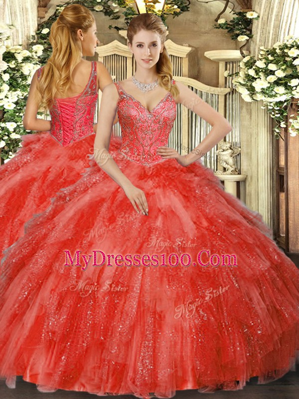 Red Sleeveless Beading and Ruffles Floor Length Sweet 16 Quinceanera Dress
