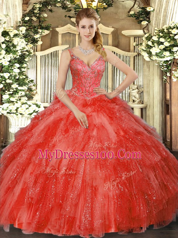 Red Sleeveless Beading and Ruffles Floor Length Sweet 16 Quinceanera Dress
