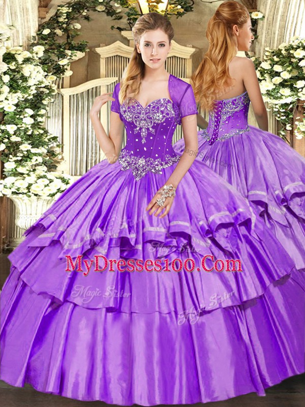 Lavender Sweetheart Lace Up Beading and Ruffled Layers Sweet 16 Dresses Sleeveless