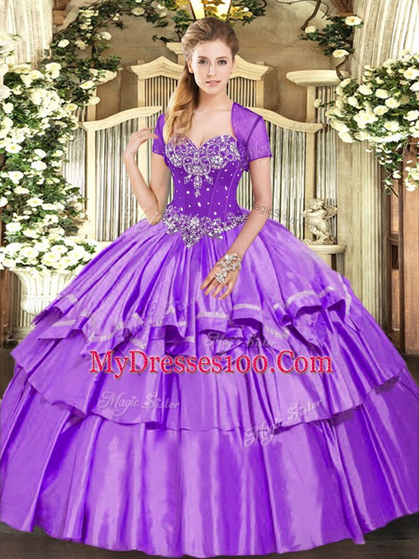 Lavender Sweetheart Lace Up Beading and Ruffled Layers Sweet 16 Dresses Sleeveless