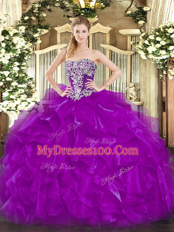 Fashion Purple Sleeveless Organza Lace Up Quinceanera Gowns for Military Ball and Sweet 16 and Quinceanera