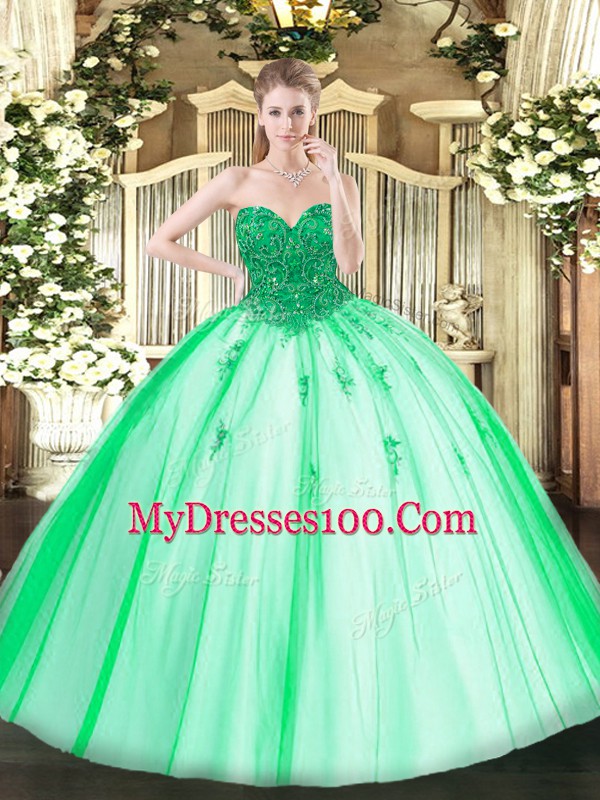 Glittering Turquoise Lace Up 15th Birthday Dress Beading Sleeveless Floor Length