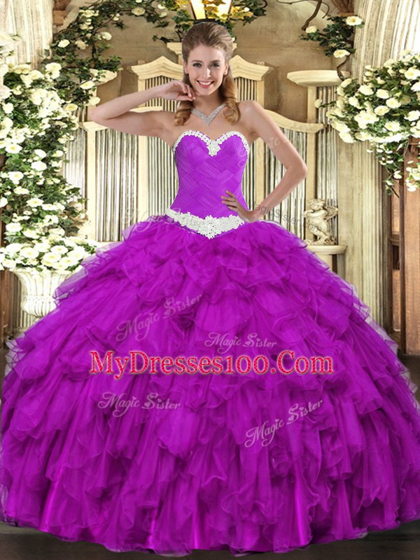Colorful Sweetheart Sleeveless Quinceanera Dress Floor Length Appliques and Ruffles Purple Organza
