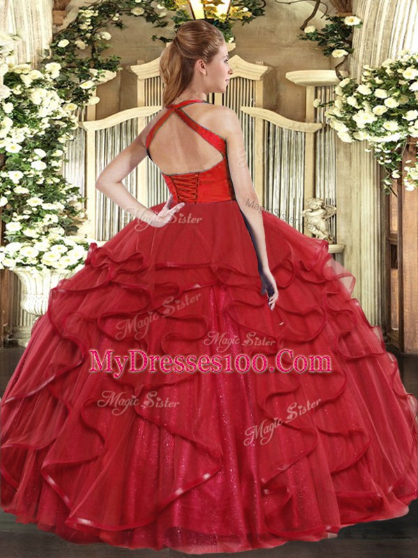 High Quality Floor Length Teal Quinceanera Dresses Halter Top Sleeveless Lace Up
