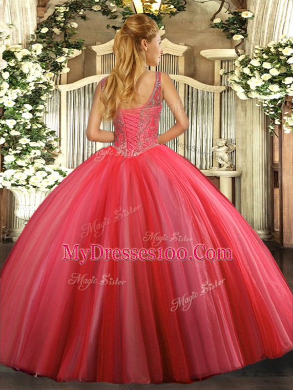 Delicate V-neck Sleeveless Tulle Sweet 16 Quinceanera Dress Beading Lace Up