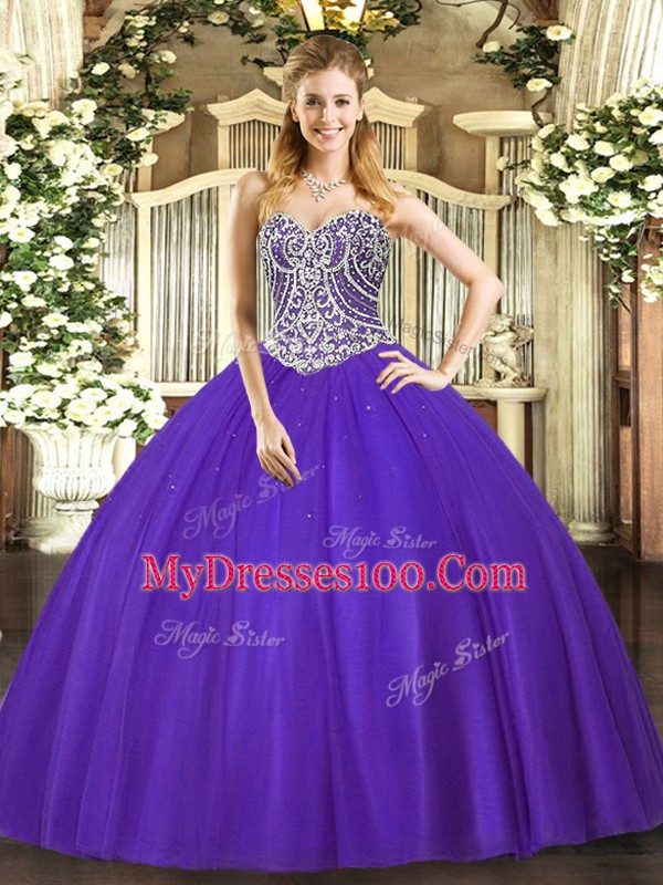 Comfortable Ball Gowns Quinceanera Gowns Purple Sweetheart Tulle Sleeveless Floor Length Lace Up