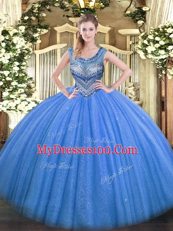 Blue Ball Gowns Scoop Sleeveless Tulle Floor Length Lace Up Beading Ball Gown Prom Dress