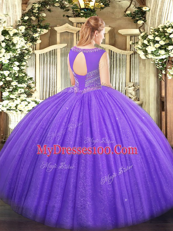 Blue Ball Gowns Scoop Sleeveless Tulle Floor Length Lace Up Beading Ball Gown Prom Dress